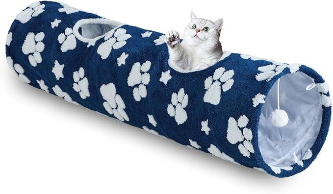 Straight Cat Tunnel for Indoor Cats 47"x12", Cute Cat Toys Collapsible Tunnel Tube with Balls for Puppy Kitten Rabbit, Blue Paw