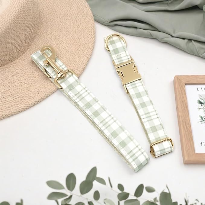 PETDURO Personalized Dog Collar Sage Green Plaid for Large Medium Dogs | Engraved Name and Phone Number on Gold Metal Buckle for Boys & Girls | Add Leash & Bow Tie via Customize Now