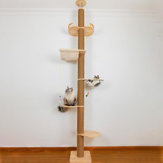 Floor to Ceiling Cat Tree Height (50-117,32 in) Adjustable Cat Tower 5 Tier Hemp Scratching Post High Cat Tree Sturdy Activity Tree Indoor Outdoor Cat Scratching Post Activity Center