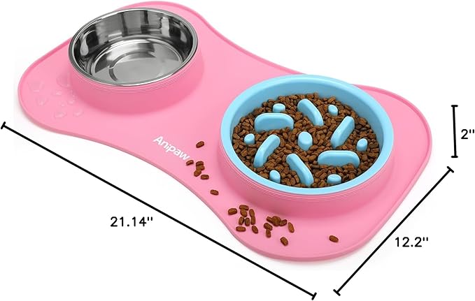Slow Feeder Dog Bowls 3 in 1 Stainless Steel Dog Food and Water Bowls with Non-Spill Non-Skid Silicone Mat to Slow Down Eating for Large Medium Small Breed Size Dogs and Cats (Pink Blue)