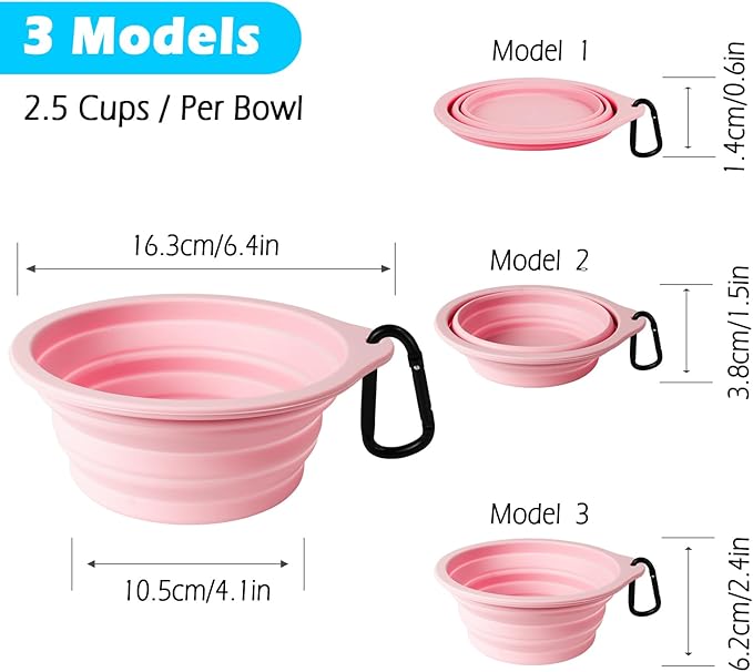 PetBonus 2-Pack Silicone Collapsible Dog Bowls, BPA Free Dishwasher Safe, Portable Foldable Expandable Travel Bowl, Food Water Feeding Cup Dish for Dogs Cats with 2 Carabiners （Grey, Chalk Pink）