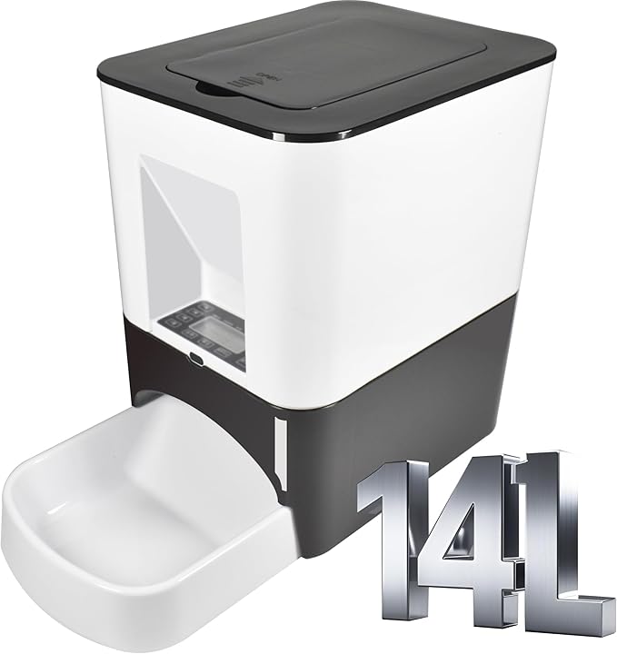 14L Automatic Dog Feeder Large Breed, Programmable Auto Pet Food Dispenser, Timed Dog Feeder Extra Large, Portion Control, 1200mAh Battery and Plug-in Power White