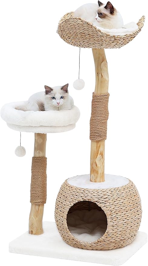 Cat Tree Tower for Indoor Cats, Modern Real Wood Cat Condo with Scratching Post, Jumping Platforms, Hanging Toy Ball for Multi-Cat Households
