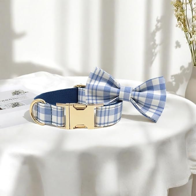 PETDURO Personalized Dog Collar Navy Blue Plaid for Large Medium Dogs | Engraved Name and Phone Number on Gold Metal Buckle for Boys | Add Leash & Bow Tie via Customize Now