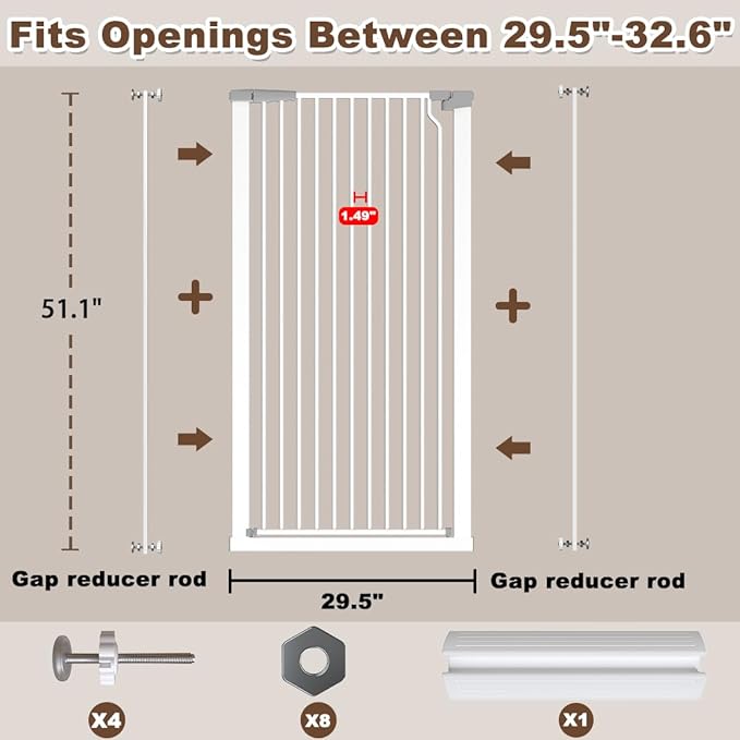 Fairy Baby 51.18" Extra Tall Cat Gate for Doorway, Adjustable 29.5"-32.6" Wide Pressure Mounted Dog Gate Indoor for Stairs, Child Safety Gate Metal Auto Close Baby Gate for Pet Kid Walk Through, White