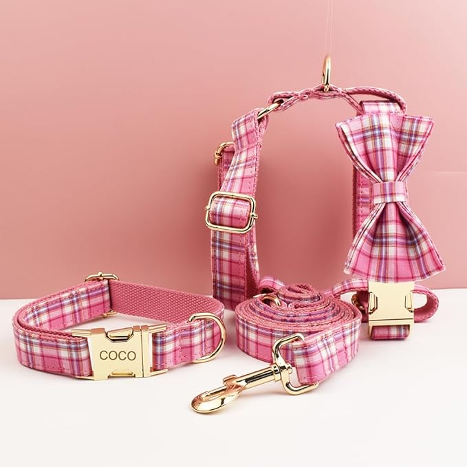 Custom Dog Collar with Metal Buckle - Pet Collars Personalized with Name and Phone Number (New Plaid Style)