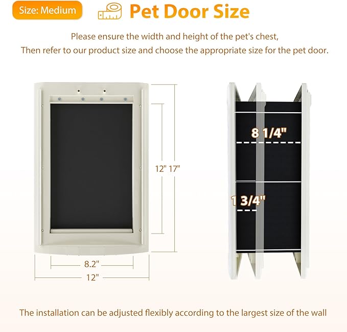 mestyl Dog Door for Wall, Pet Door, Doggie Door with Telescoping Tunnel, Double Magnetic Flaps and Sliding Lock Panels, 3-Flap Dog Door and Cat Door, Easy to Install, White, Medium