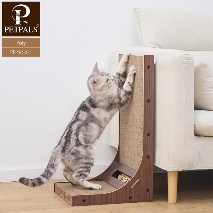 Petpals 24" Double Sides L Shaped Cat Scratch Pad, Corrugated Cardboard Scratching Pad, Replaceable Long Lasting Scratcher,Cat Scratcher with RattanBall Toys.