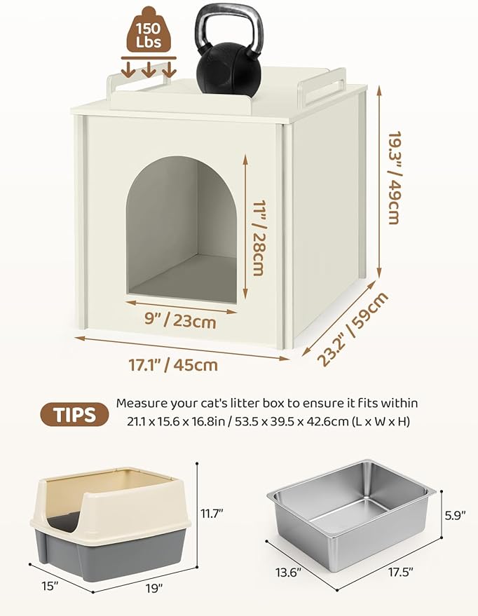 Wooden Cat Litter Box Enclosure, Hidden Litter Box Furniture with Litter Mat, Multi-Functional Cat House, for Living Room Bedroom Indoor, 23.2 x 17.7 x 19.3 inches, Beige