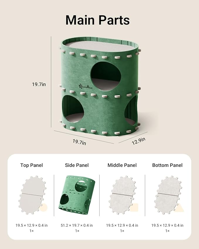 DownyPaws Cat House for Indoor Cats, 2-Storey Foldable Cat Bed Cave, Felt Cats Tunnel Bed Condo, Castle Kitten Cube Hideaway for Multicats, Scratch Resistant, Forest