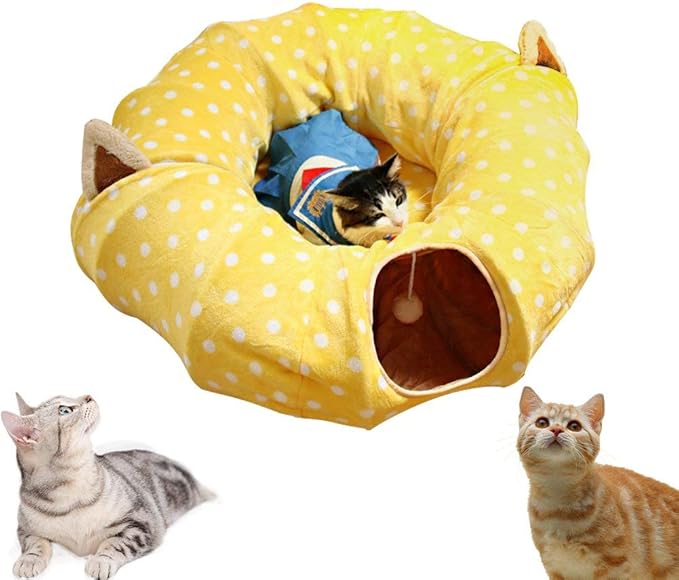 AUOON Cat Tunnel Bed - Christmas Tree Cat Tunnel, Cat Donut Tunnel with Soft Plush Circle Cushion for Indoor Cats Kitten Kitty Puppy Rabbit Ferret (Yellow)