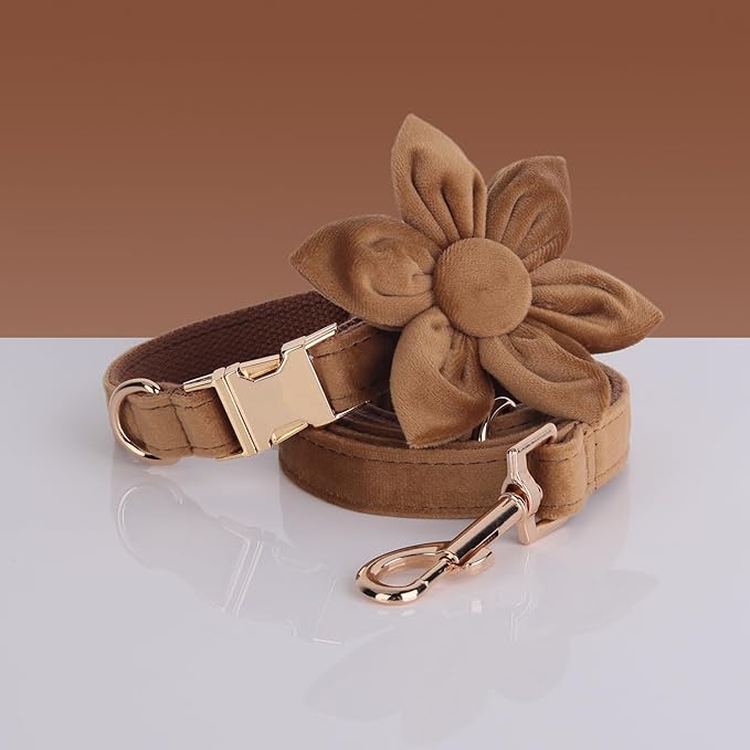 Velvet Personalized Dog Collar with Name - Customizable Dog Collar with Quick Release Metal Buckle - Leash and Bow Tie Available (Dark Brown, L)