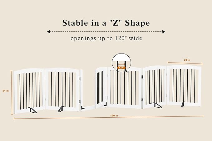 Freestanding Pet Gates with Walk Through Door, Dog Indoor Fence, Dog Gate for The House, Stairs, Extra Wide Pet Gate, Support Feet Included, 120 Inch Wide, 6 Panels 24" Tall, White & Black