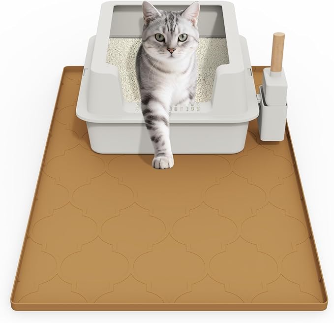 Cat Mat for Litter Box, 34" X 22" Large Silicone Cat Litter Trapping Mat, Easy Clean for Scatter Control, Soft on Kitty Paws, Waterproof, Urine-Proof, Non-Slip Kitty Litter Mat for Floor, Brown