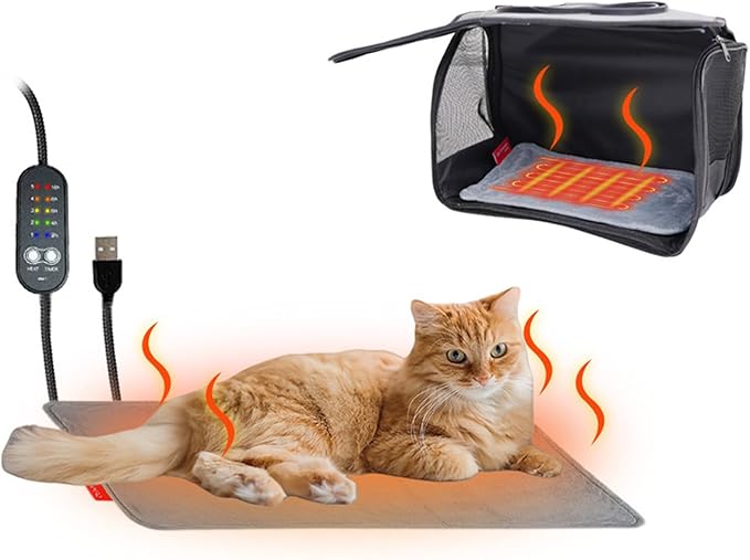 USB Heating Pad for Cats & Dogs, USB Powered Pet Heating Pad, 12x8in Pet Bed Warmer with Adjustable Temperature, Heated Cat Bed with Chew Resistant Cord & Removable Soft Cover, Pet Supplies