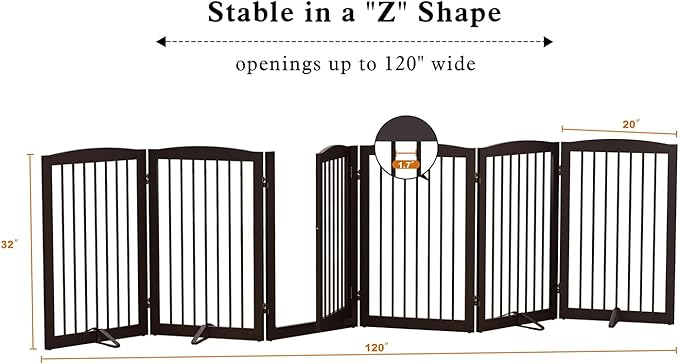 Freestanding Pet Gate with Door, Tall Dog Gate for House, Extra Wide, Pet Puppy Safety Fence, Support Feet Included, 120 Inch Wide, 6 Panels 32" Tall, Brown
