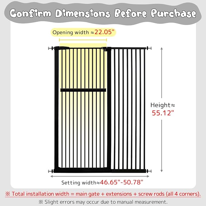 Lumizone Extra Tall Pet Gate 55.12" High Pressure Mounted 46.65"-50.78" Extra Wide (9 Sizes) 1.37" Gap for Cat Dog Stairs Doorway Hallway No Drilling Auto-Close (46.65"-50.78" W, Black)