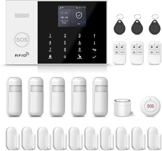Home Security Systems,Wireless Home Alarm System,24 Piece Kits with DIY Door Sensors,Motion Detector,Voice Control,Remote,4G GSM Call/Phone SMS/Tuya App Alerts Push for Villa,House,Apartment