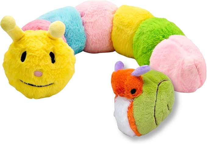Flourish Pets 2 in 1 Multi-Layer Chew Toy for Active Dogs | Non-Toxic BPA Free Double Stitched Soft Fabric Dog Toys | Long-Lasting Dog Plush Toys - Small Caterpillar (20") and Puffer Prickles (5″)