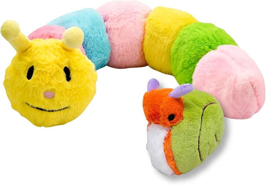 Flourish Pets 2 in 1 Multi-Layer Chew Toy for Active Dogs | Non-Toxic BPA Free Double Stitched Soft Fabric Dog Toys | Long-Lasting Dog Plush Toys - Small Caterpillar (20") and Puffer Prickles (5″)