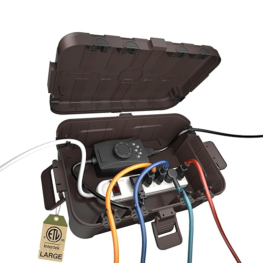 Flemoon Outdoor Electrical Box Waterproof, IP54 Waterproof Extension Cord Cover, Protect Outlet, Plug, Socket, Timer, Power Strip, Holiday Light, Large Weatherproof Connection Box, Brown