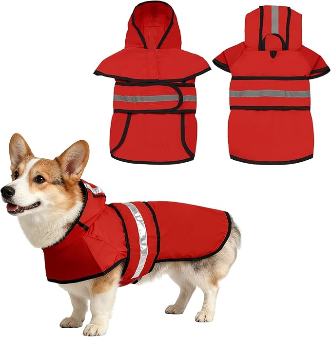 Dog Raincoat, Dog Rain Jacket Waterproof Jacket Reflective Adjustable Hooded Pet Rain Coat with Leash Hole, (Red, XS), Intended for Large Medium Small Puppies