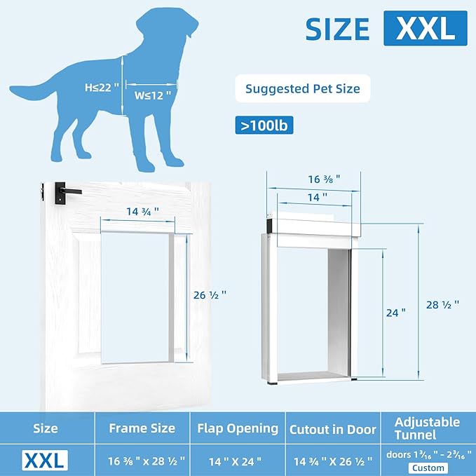 Extra-Large Electronic Dog Door,Pet Automatic Door Smart Aluminum Dog Door with Dogbell Activated Auto Lift, Lockable Weatherproof Telescoping Tunnel for Pets (XXL)