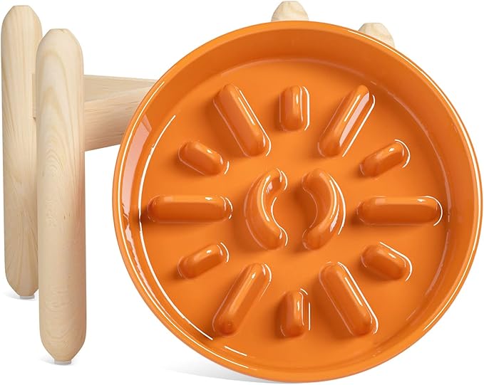 LE TAUCI Ceramic Slow Feeder Puzzle Bowl Elevated 3 Cup with Wooden Stand for Medium Large Dog, Fast Eater Slow Eating Food Bowl, Sun Orange