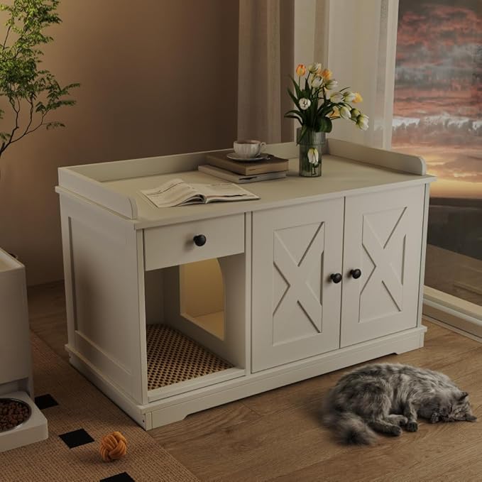 Cat Litter Box Enclosure Furniture with Mat - Hidden Litter Box Cabinet with Storage Drawer & Side Table - Indoor Cat House & Washroom (Hidden Entrance + White + MDF)