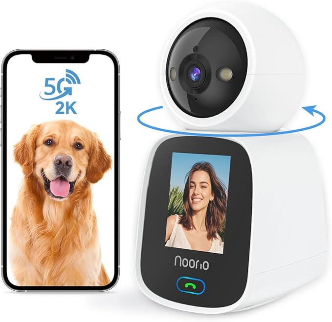 Noorio 5G Two Way Video Calling Camera, One Click Call 2K Pet Camera with Phone App, 360° PTZ Dog Cam with Speaker, Color Night Vision, 2.4 Inch Screen, CL200