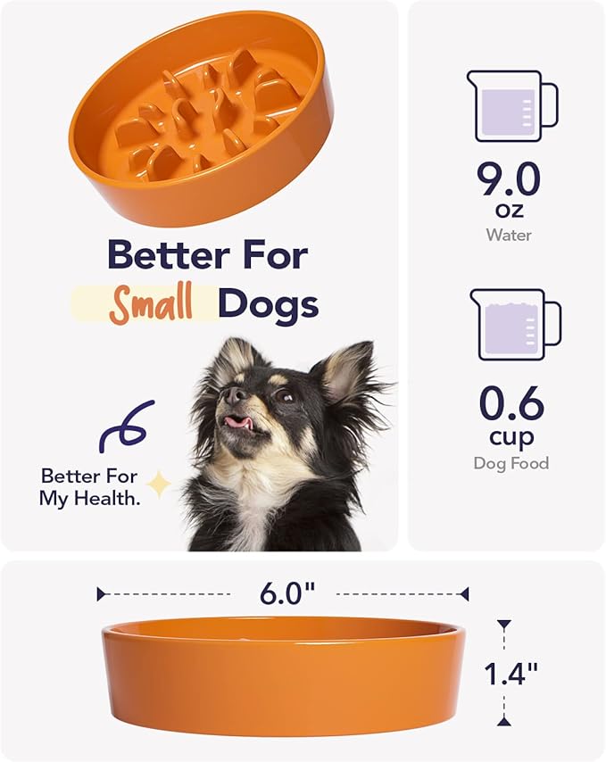 LE TAUCI Ceramic Slow Feeder Dog Bowls Small Breed, 0.6 Cups Dog Food Dish for Fast Eaters, Puzzle Bowl for Small Dogs and Cats,Sun Orange