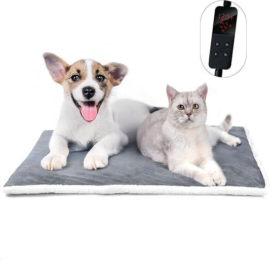 Rest-Eazzzy Heated Cat Bed with Removable Cover, 5 Level Timer & Temperature, Indoor Warming Mat for Cats & Dogs (Heat Pad, Pure-Grey, L)