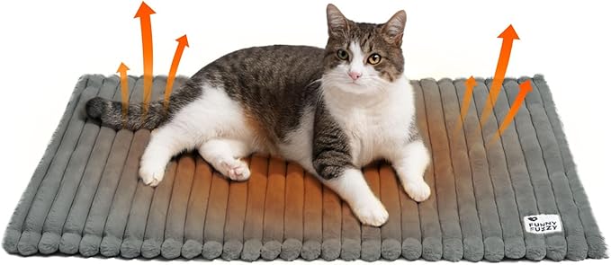 FUNNY FUZZY Self Warming Cat Bed, Waterproof Corduroy Fleece Warm Self Heating Pad for Cats & Dogs, Non-Skid Thermal Pet Mat Indoor with Removable Washable Cover - ThermoPad, 31.5"×25", Grey