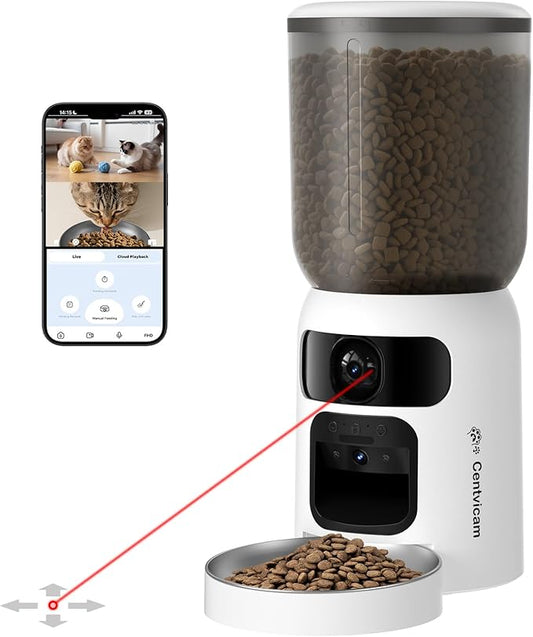 Automatic Cat Feeder with Dual 2K HD Camera, Smart Pet Food Dispenser for Timed Meals, APP Control Laser Interactive Toy Treat Feeders with 2.4G / 5G WiFi, White