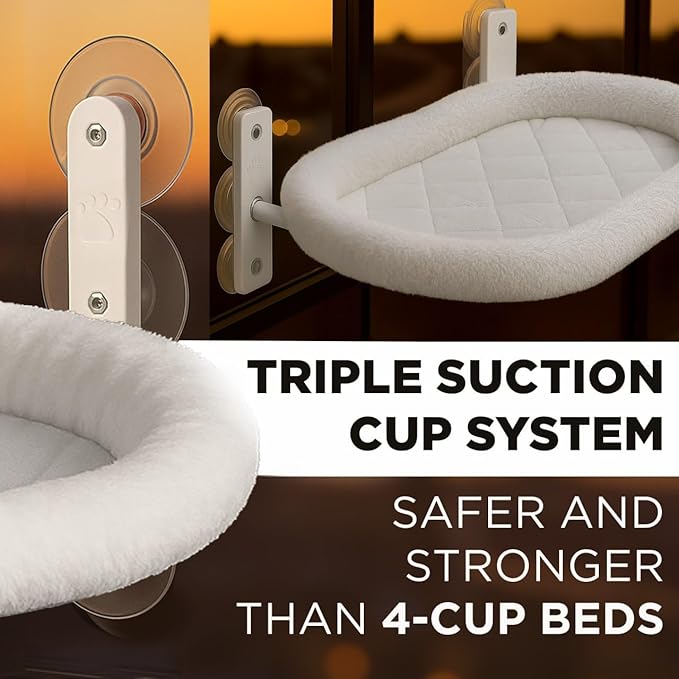 Cat Window Perch – Strong 6 Suction Cup Cat Hammock Bed That Holds up to 50 lbs with Washable Reversible Cover, Sturdy Metal Frame for Indoor, Window or Wall Mounted Perch (White)
