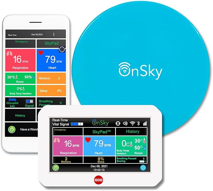SkyPad FDA-Cleared Contact-Free Heart & Breathing & Sleep Apnea & Seizure Monitor, Adult & Children Home Health Care - Senior & Nursing Home - Remotely Monitor Wellness via app - Emergency Alert Call