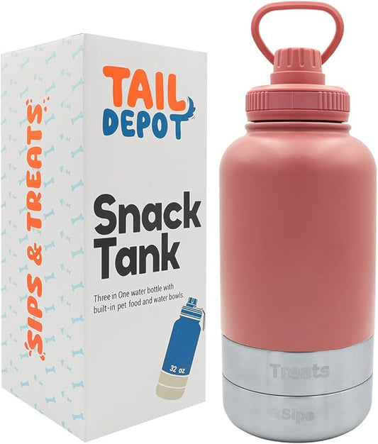 Tail Depot Snack Tank Dog Water Bottle Portable, Pet Water Bottles for Puppy with Food Container, Leak Proof Pet Dispenser for Cats, Small Animals, Dog Gift Accessories Walking, Hiking (1 Liter)