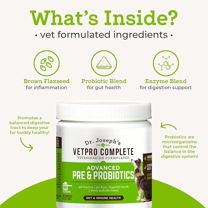 Dr. Joseph's VetPro Complete Advanced Pre & Probiotics Powder for Dogs, 90 Scoops, Supports Gut Health, Diarrhea, Digestive Health & Seasonal Allergies, Chicken/Pumpkin Flavor, Add to Food