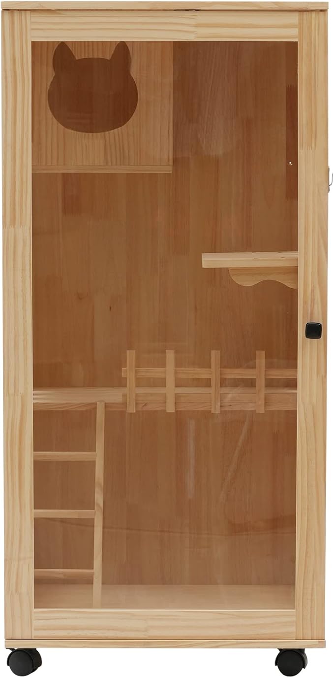 Large Wooden Cat House, Luxury Multi-Feature Cat Condo with Cat Scratching Posts, Oversized Indoor Villa Enclosed Design with Wheels and Ventilation Doors