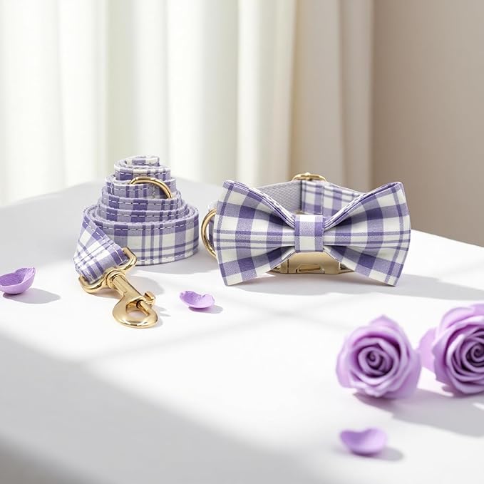 PETDURO Personalized Dog Collar Lavender Plaid for Large Medium Dogs | Engraved Name and Phone Number on Gold Metal Buckle for Girls | Add Leash & Bow Tie via Customize Now