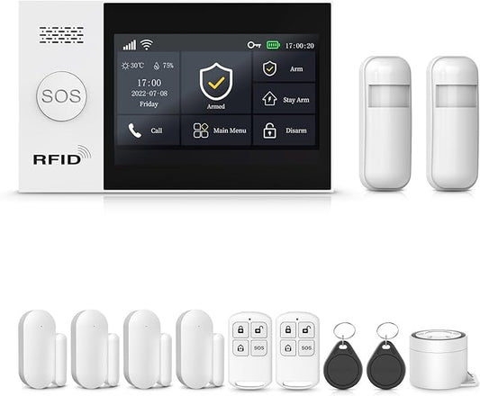 PGST Home Security Alarm System with 4.3”Touch Screen,4G/WiFi Wireless Alarm System,Tuya APP Real-Time Alerts,DIY Door/Window and Motion Sensors,Compatible with Alexa/Google (12 Piece Kits)
