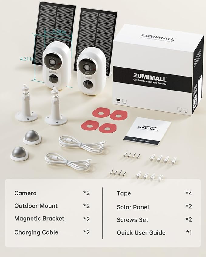 ZUMIMALL Solar Security Cameras Wireless Outdoor, 2Packs, Solar Camera Outdoor Wireless, 2.4G WiFi Battery Camera, 3MP Color Night Vision, Magnetic Mount, Siren,PIR/AI Analyse, IP66, Cloud, Alexa
