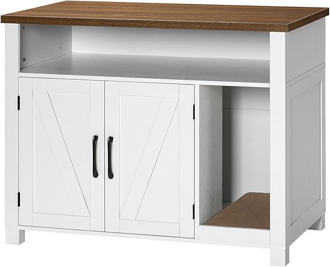 HOOBRO Cat Litter Box Enclosure, Farmhouse Hidden Litter Box with Scratch Pad, Litter Box Furniture with Storage Layer, End Side Table,White and Walnut, WH24MW01