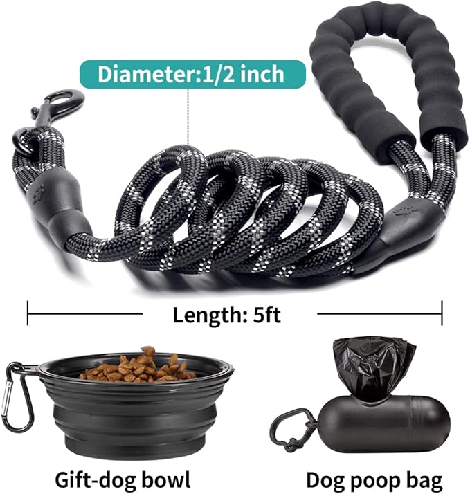 COOYOO 2 Pack Dog Leash 5 FT Heavy Duty - Comfortable Padded Handle - Reflective Dog Leash for Medium Large Dogs with Collapsible Pet Bowl¡­
