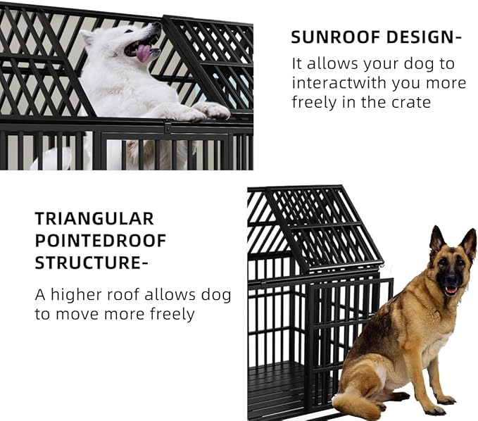 54 inch Heavy Duty Indestructible Dog Crate with Mat, Escape Proof Dog Cage Kennel with Lockable Wheels, High Anxiety Double Door, Extra Large Crate Indoor for Large Dog with Removable Tray