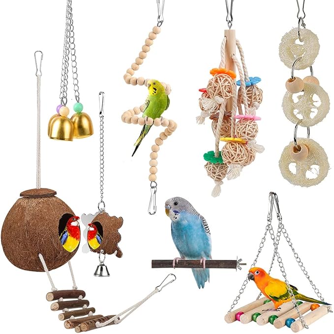 For Parakeet, Conure, Cockatiel, Love Birds, Parrots - Bird Cage Hammock with Ladder, Hanging Bell Swing, Chewing Toy