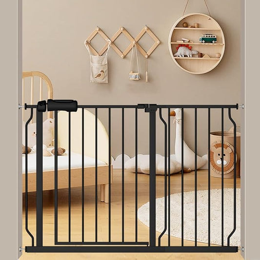 Walk Through Black Baby Gate 43.5-48 Inch Wide, Pressure Mounted Safety with Door No Drill, Tension Metal for Dog Cat and Toddler