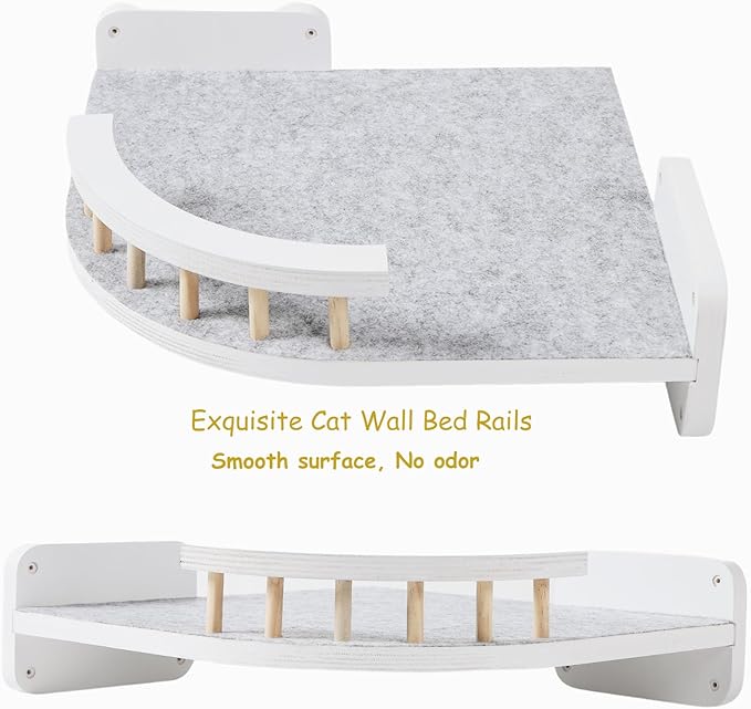Cat Wall Shelves - 3 Steps Scratch Post & Hammock Bed, Corner Cat Furniture with Plush Covered Climbing Shelf for Indoor Cats (White)