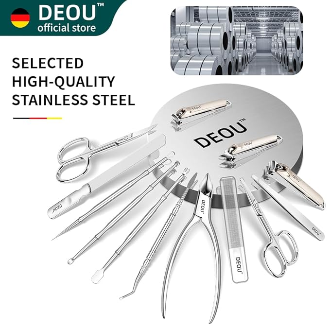 DEOU 13pcs Nail Grooming Kit Stainless Steel Professional Manicure Set Men Nail Care Tools with woman Luxurious Portable Travel Case Gift (Gray)
