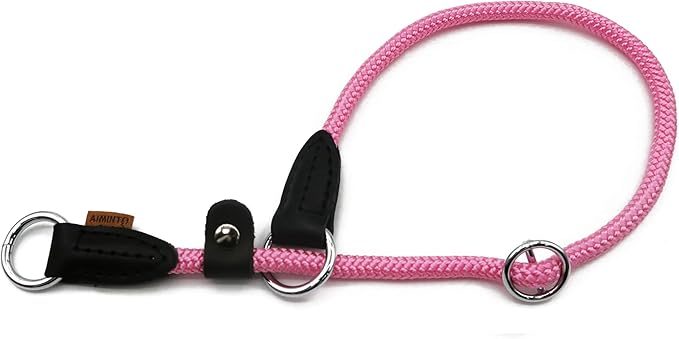 Braided Round Martingale Dog Collar, Training Collar with Slidable Stop Ring and Adjustable Stopper - Ideal for Medium Dogs (M(1/3") - 18" Long, Pink)